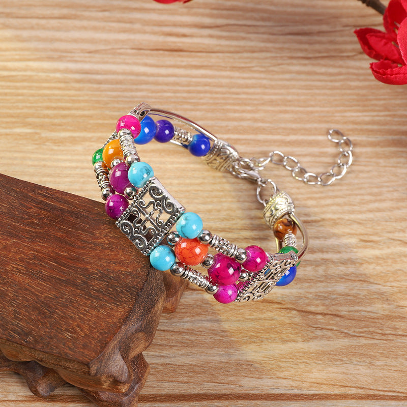 Wholesale handmade ethnic style colorful beads silver  bohemian bracelet